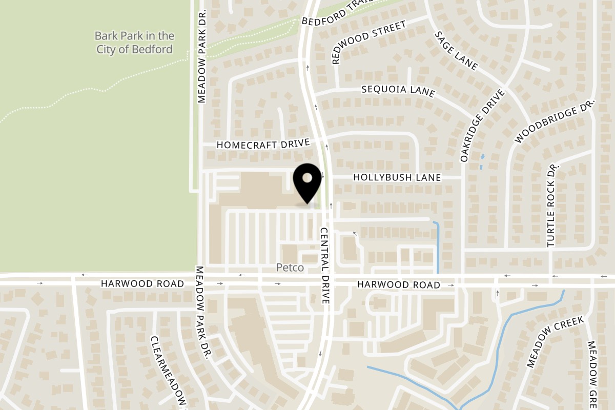 Map showing the location of MACARENA TACO SHOP AND MARGARITA BAR on 2113 Harwood Rd #317 in Bedford